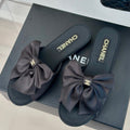 CHANEL Double  big bow flat sandals Sheepskin Black