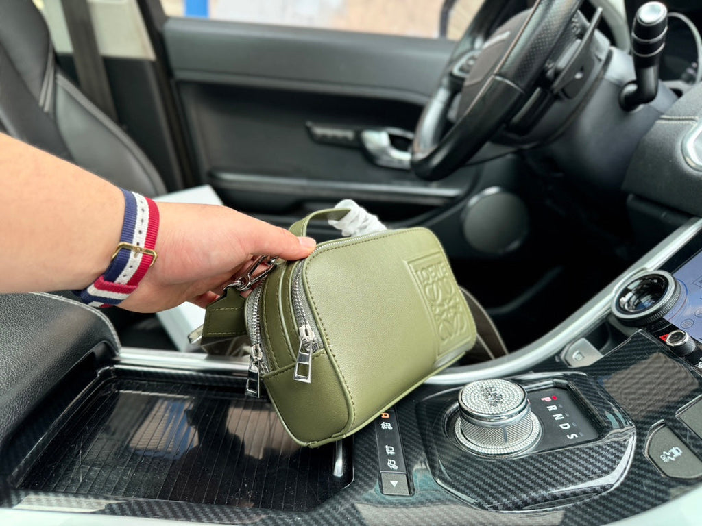 LOE MINI 18 CAMERA CROSS BODY BAG IN OLIVE GREEN CALFSKIN