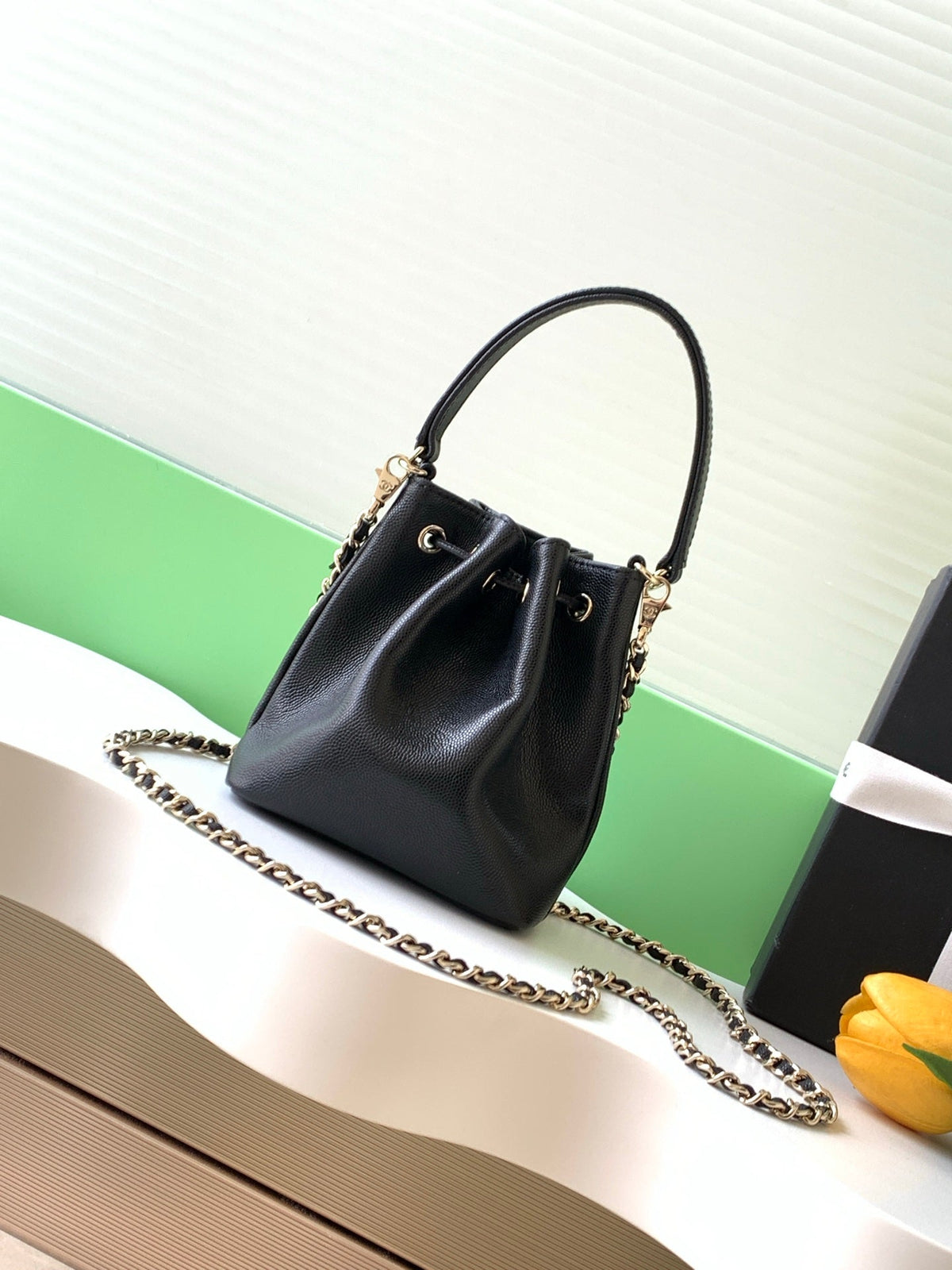 CHANEL 25S MINI BUCKET BAG 12 IN BLACK CALFSKIN GOLD HARDWARE