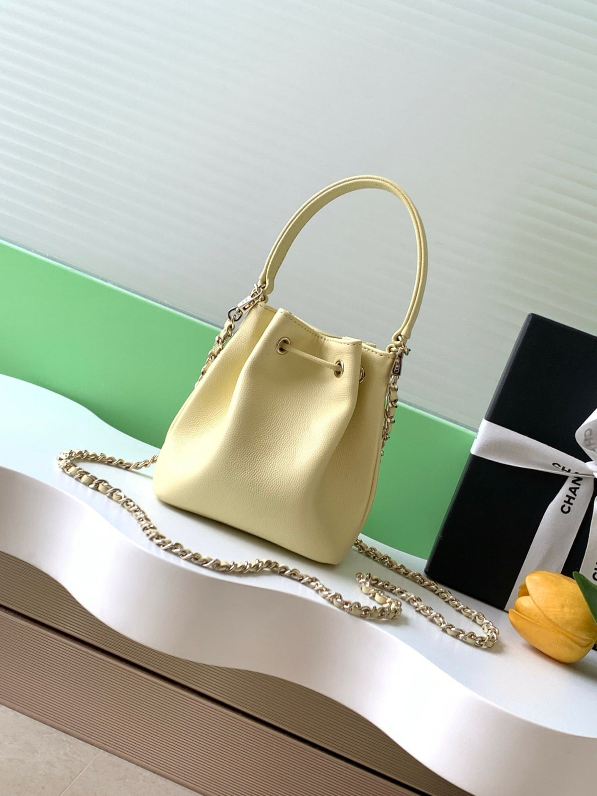 CHANEL 25S MINI BUCKET BAG 12 IN YELLOW CALFSKIN GOLD HARDWARE