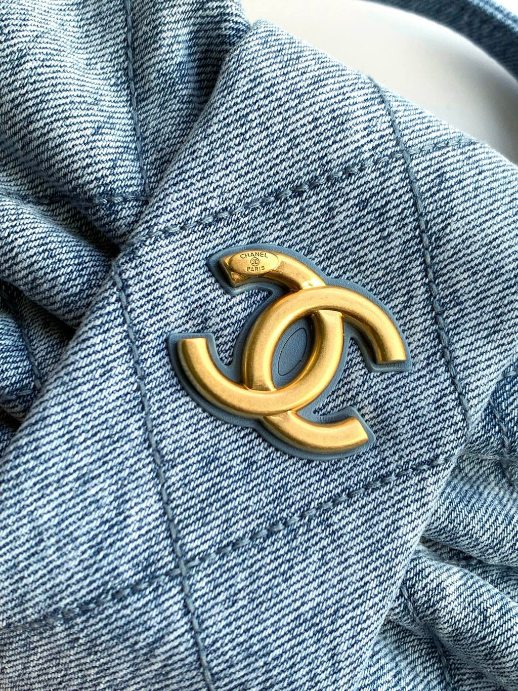 CHANEL 25S MAXI BOW BAG 26 IN BLUE DENIM WITH GOLD HARDWARE