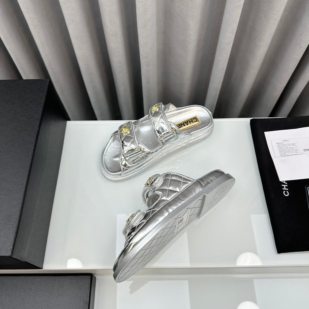 CHANEL dad sandals silver metalic lambskin mules