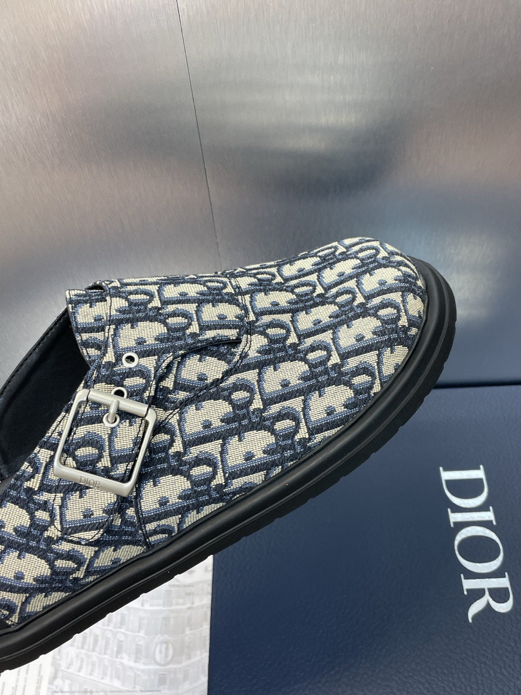 DIOR 25S AQUA MULES WITH OBLIQUE PATTERN IN DEEP BLUE CANVAS