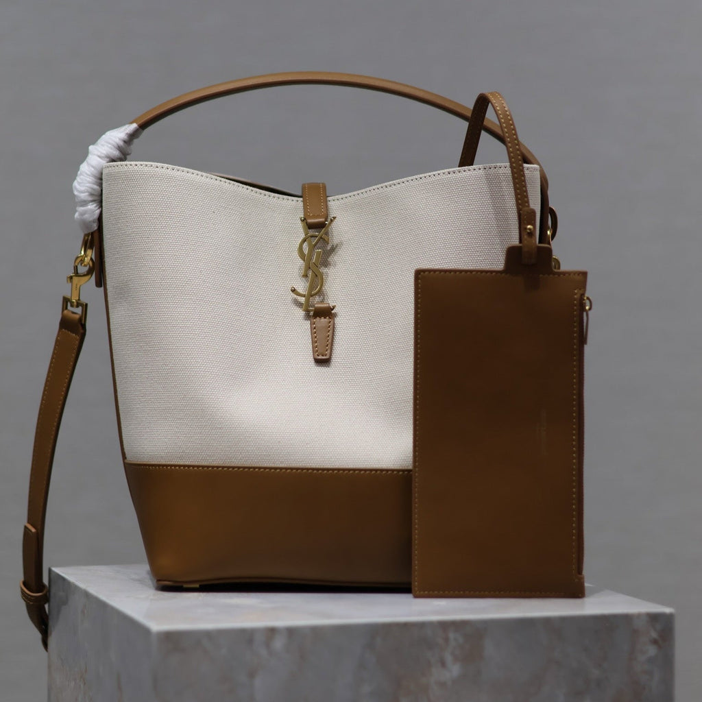 YSL 25S LE 5 À 7 BUCKET 26 IN CREAM BROWN CALFSKIN AND CANVAS GOLD HARDWRE