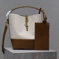 YSL 25S LE 5 À 7 BUCKET 26 IN CREAM BROWN CALFSKIN AND CANVAS GOLD HARDWRE