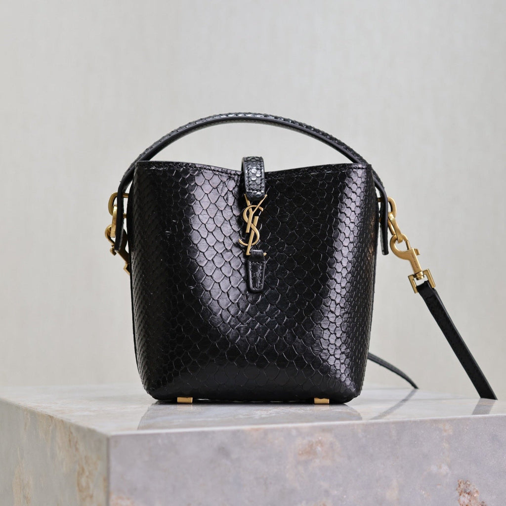 YSL 25S LE 37 BUCKET 15 IN BLACK SNAKE EMBOSSED CALFSKIN GOLD HARDWARE
