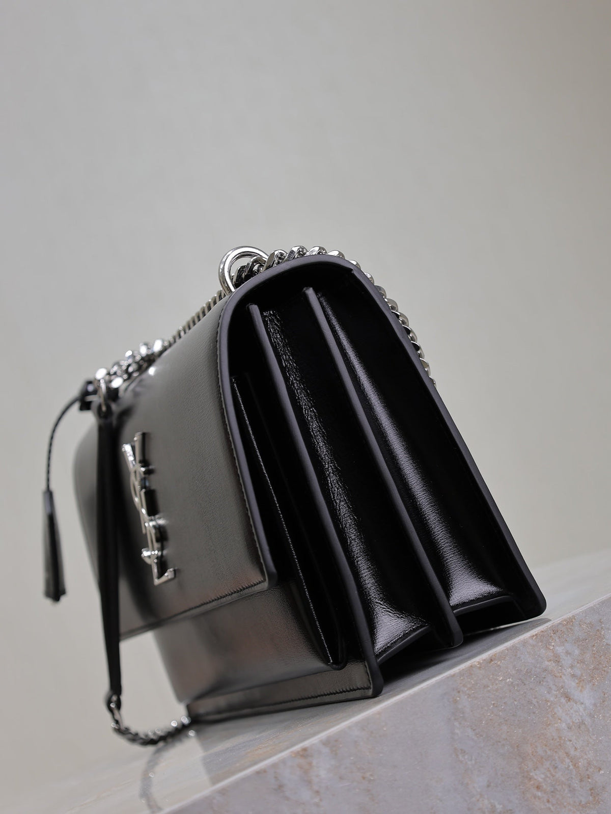 YSL 25S SUNSET BAG 22 IN BLACK CALFSKIN SILVER HARDWRE